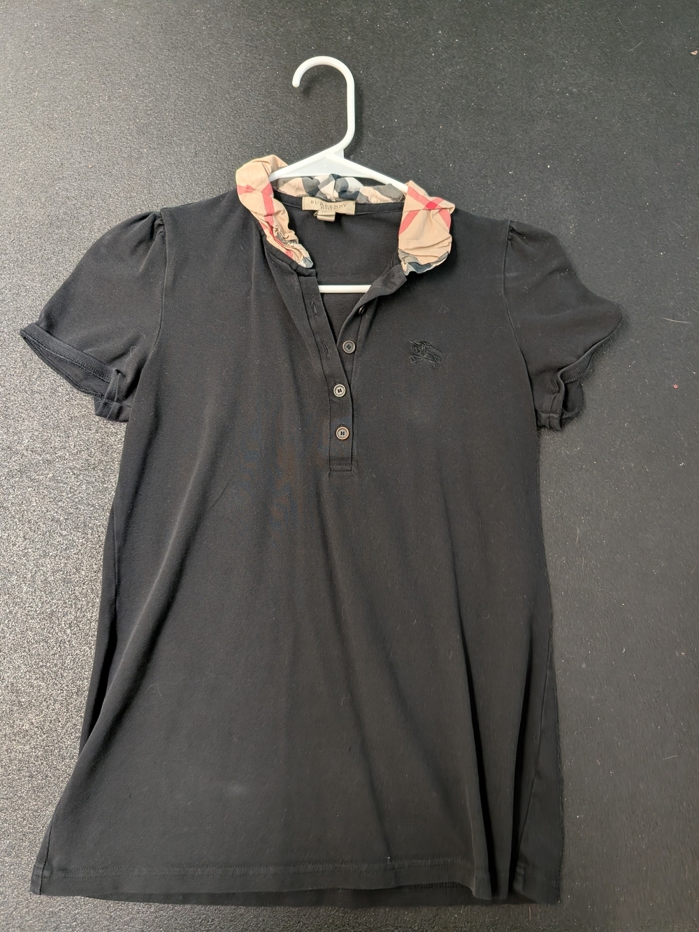 Burberry Black Polo Top with Iconic Check Collar Size S